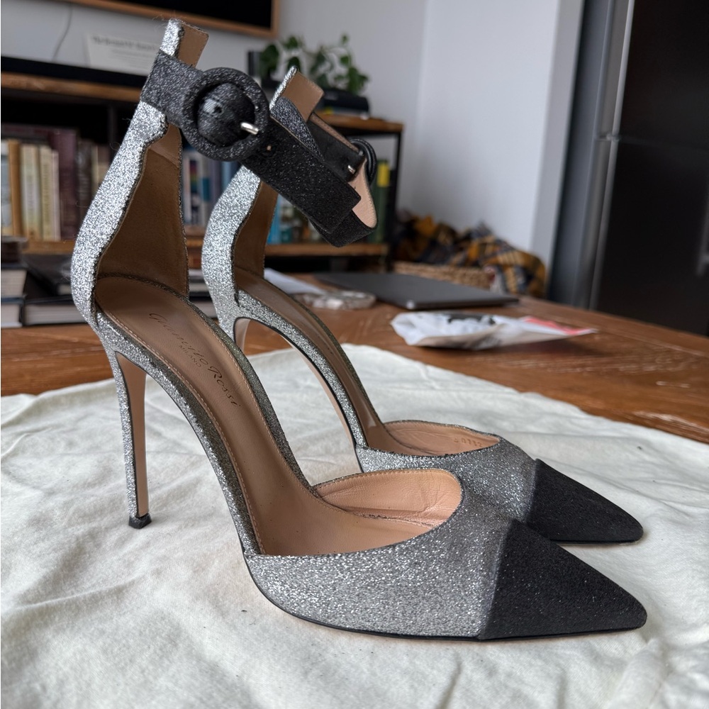Black and silver glitter heels